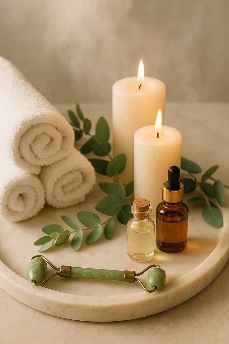 Aceites, velas, toallas y elementos de cuidado facial