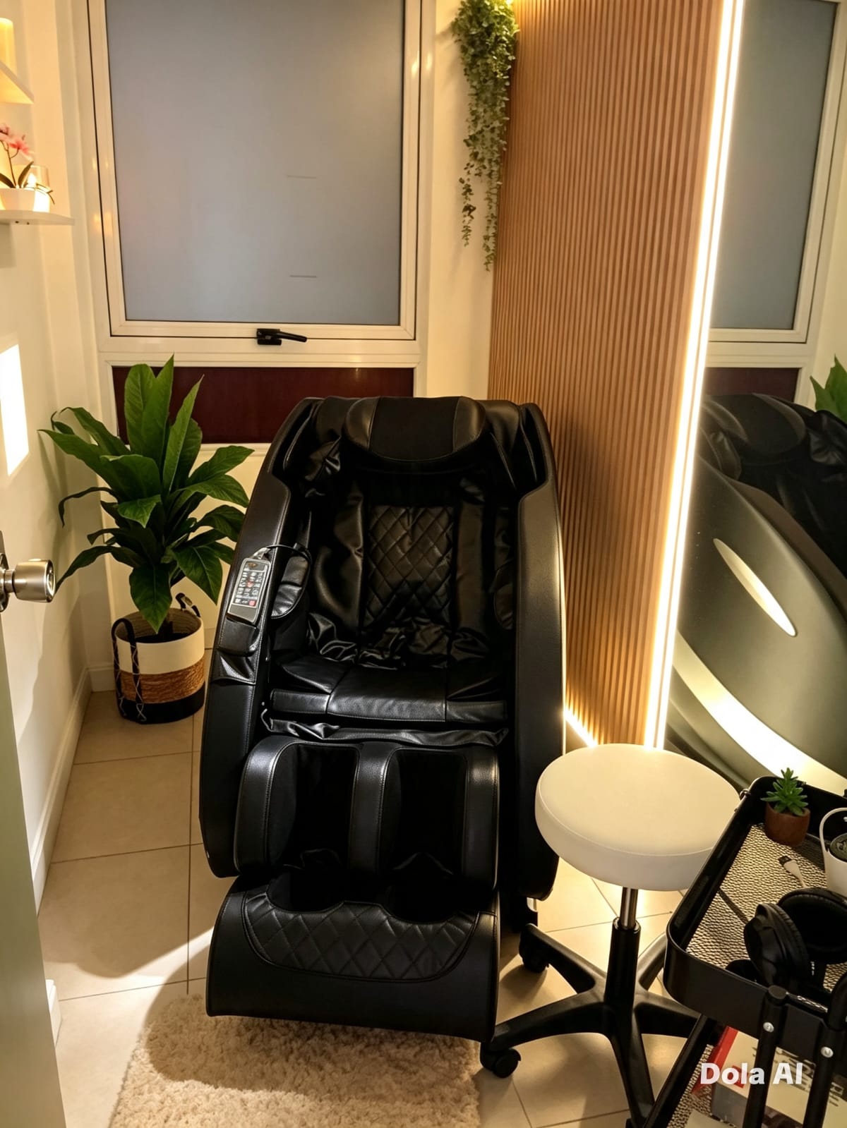 Sillón de masaje con luz cálida y panel de madera
