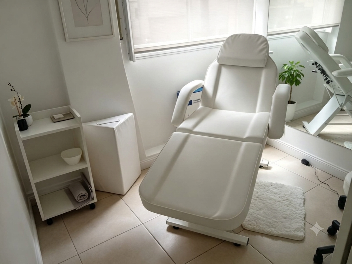 Cabina de tratamientos faciales con sillón blanco y luz natural