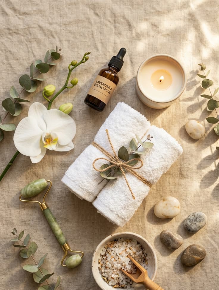 Ritual facial con toallas, orquídea, aceites y piedras naturales