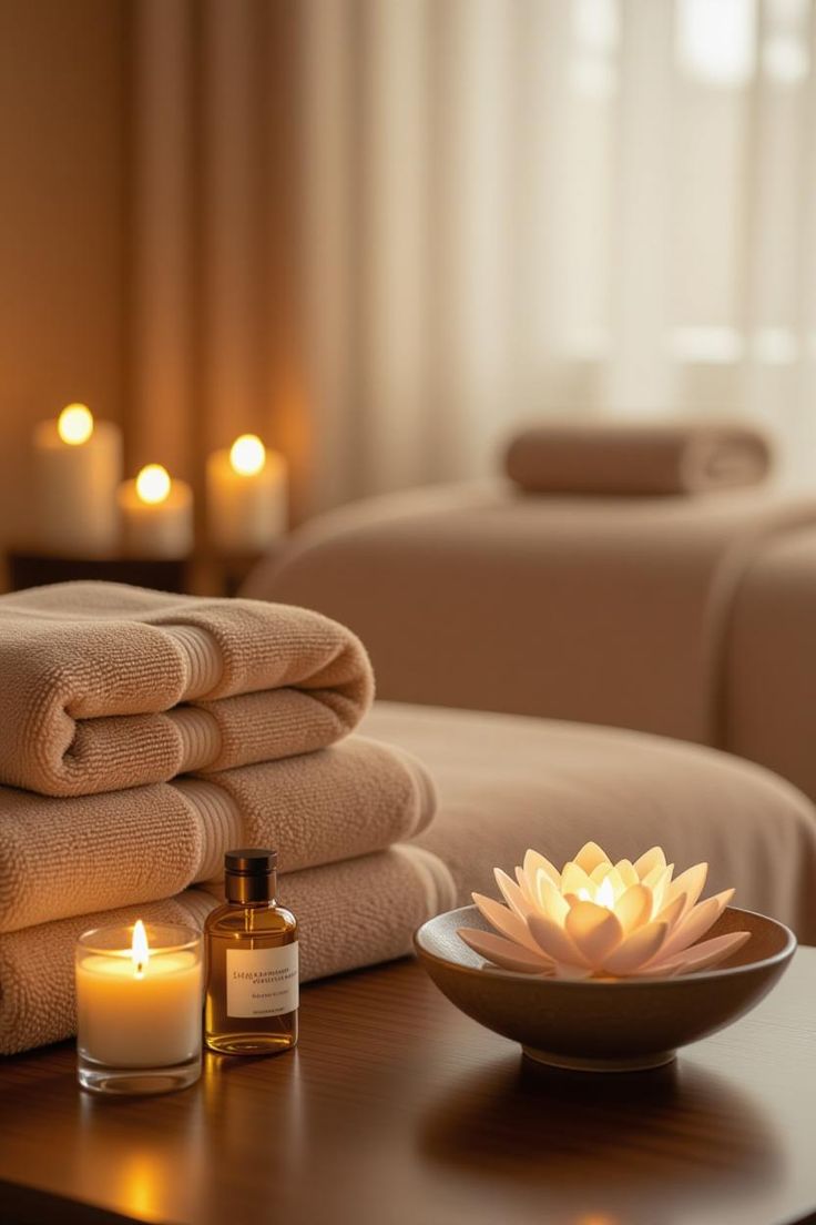 Toallas, aceite y luz de velas en una cabina de spa