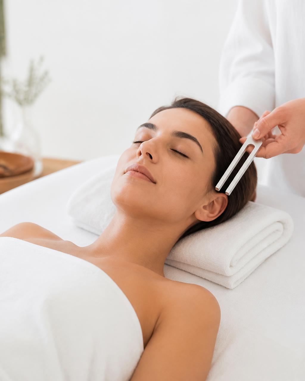Mujer relajada recibiendo terapia sonora con diapasón cerca del rostro
