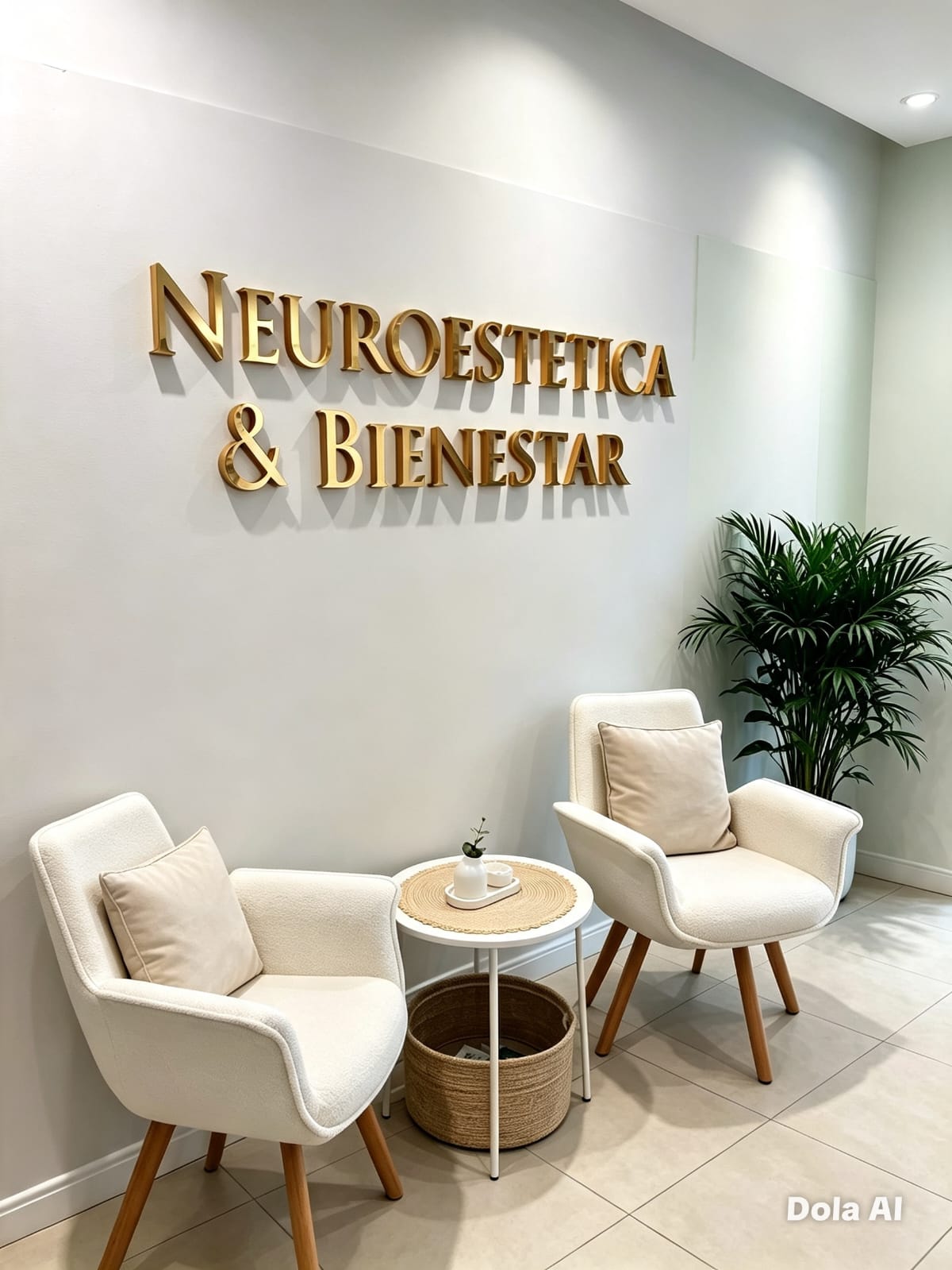 Sala de espera con sillones y letras doradas Neuroestética & Bienestar