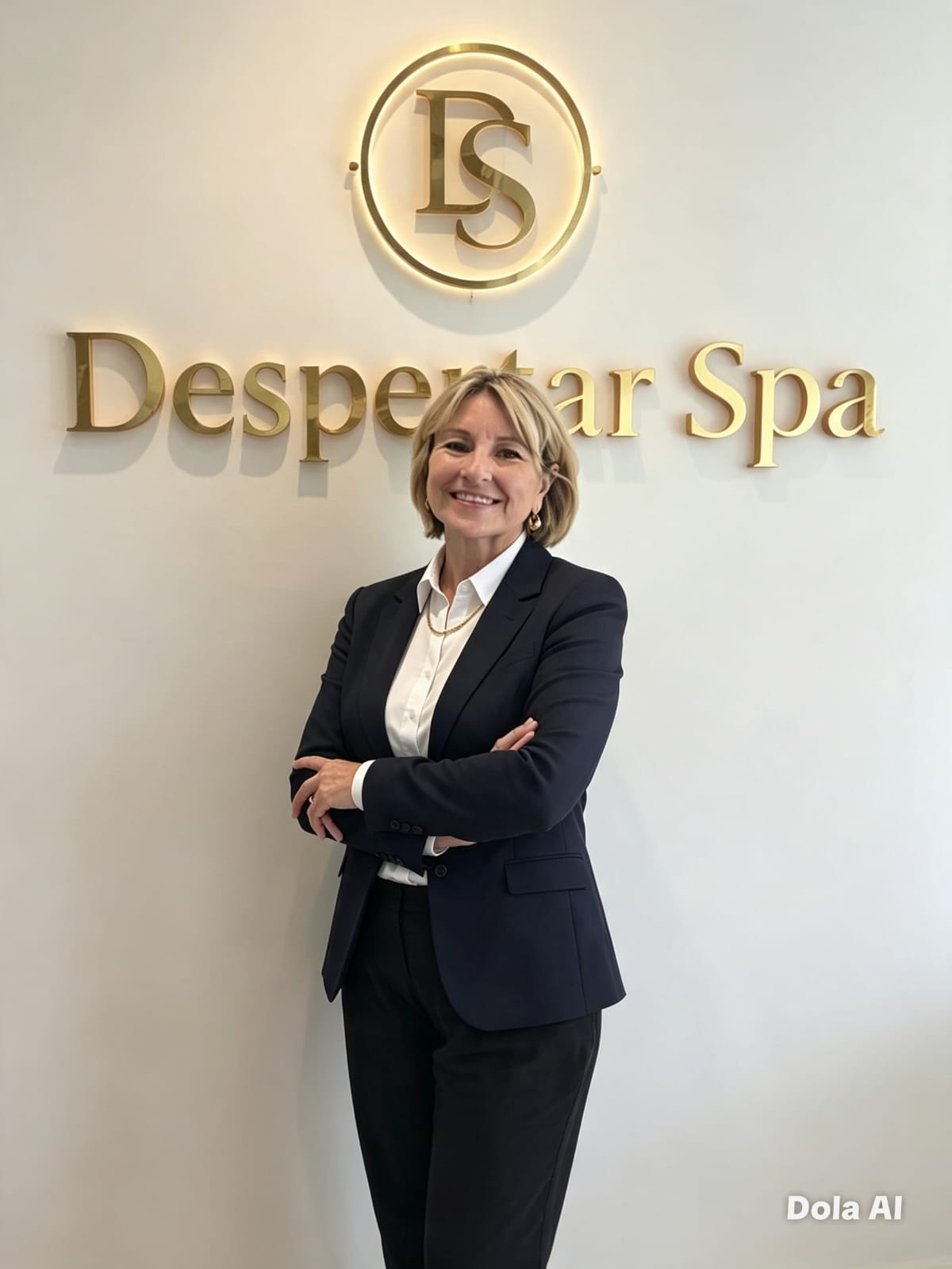 Fundadora de Despertar Spa frente al logo dorado del spa