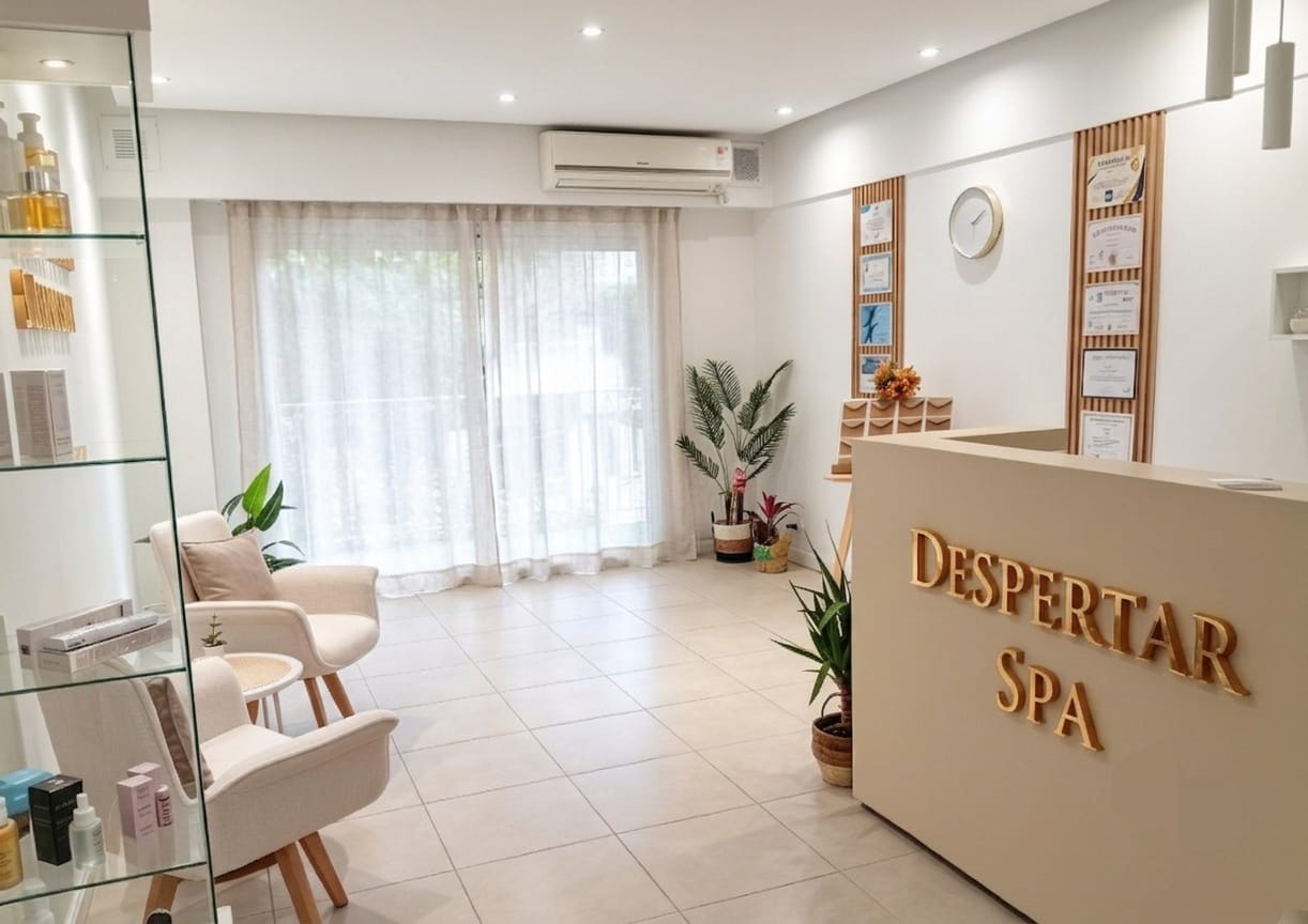 Recepción de Despertar Spa con mostrador beige, logo dorado, sillones y luz natural