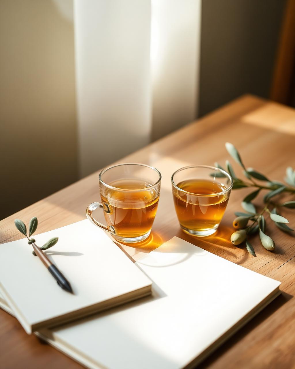 Dos tés de hierbas y un cuaderno sobre una mesa de madera